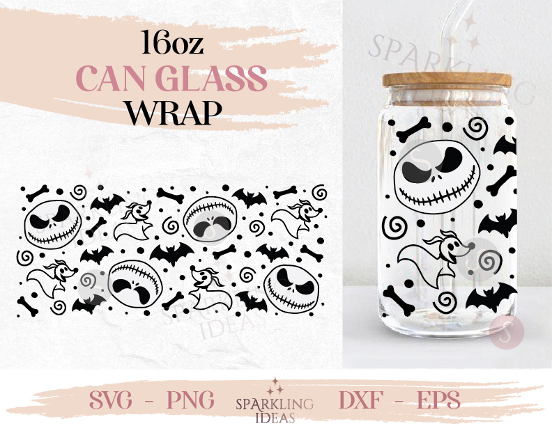 Jack and Zero Can glass wrap SVG 16oz, Jack Can Wrap Svg, Creepy Halloween Wrap, Skellington Beer Glass SVG, Dog Zero Wrap SVG - Image 2