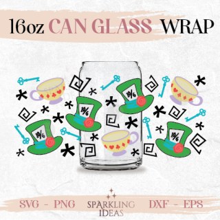 Alice In Wonderland Can glass SVG 16oz Glass Mad Hatter Wrap Cricut