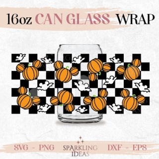 Checkered Mouse Pumpkin Can glass SVG 16oz Halloween Pumpkin Glass Svg Mouse Bat Ears Wrap