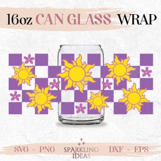 Checkered Sun Can glass SVG 16oz Tangled Sun Inspired Glass Svg Sun Flowers Wrap