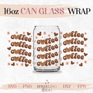 Coffe Mouse Ears Can glass SVG 16oz Love Coffee Glass Retro Ears Coffee Mom Wrap