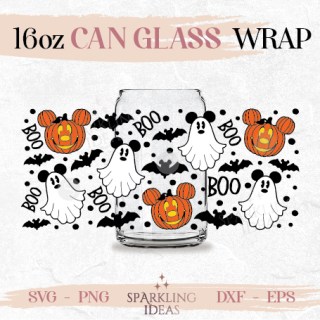 Halloween Mouse Pumpkins Can glass 16oz Mouse Ghosts Ears Bat Wrap SVG