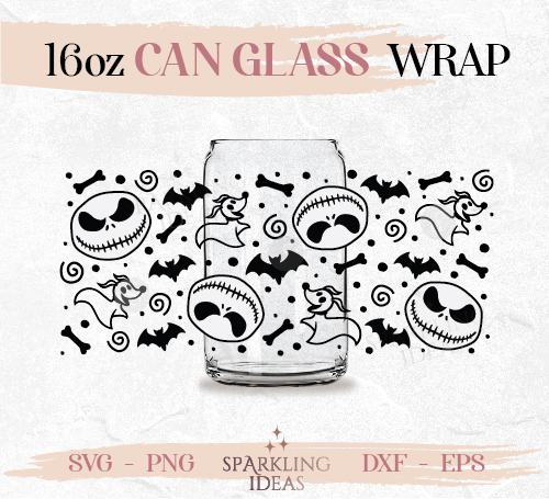 Jack and Zero Can glass wrap SVG 16oz, Jack Can Wrap Svg Creepy Halloween Skellington Beer Glass Dog Zero