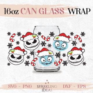 Jack and Sally Christmas Can glass SVG 16oz,Santa Jack Sally Santa Skellington Beer Nightmare Christmas