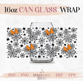 Mouse Spider Halloween Can glass wrap SVG 16oz, Halloween Mouse Ears Can glass Svg Spooky Season Beer Glass Halloween Spiderwebs