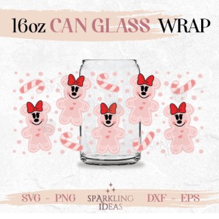 Christmas Pink Gingerbread Mouse Ears Can glass SVG 16oz SVG, Gingerbread Cookie Can Glass Svg , Christmas Girls Wrap Svg, Pink Mouse Peppermint Svg