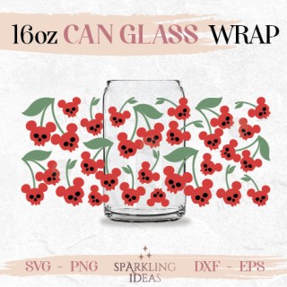 Mouse Cherry Skulls Can glass wrap SVG 16oz, Mouse Ears Halloween Glass Svg, Halloween Mouse Skulls Glass Svg, Skulls Cherries Wrap Svg