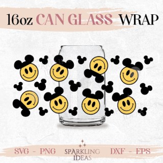 Mouse Ears Happy Face Can glass wrap SVG 16oz Mouse Head Retro Smiley Mouse Ears