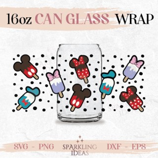 Mouse Club Popsicles Can glass SVG 16oz, Ice Cream Mouse Ears Glass Svg, Summer Snack Mouse Inspired Wrap Svg