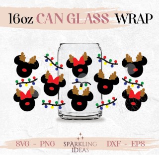 Mouse Reindeer Ears Can glass SVG 16oz Mouse Ears Christmas Lights Mouse Bow Christmas