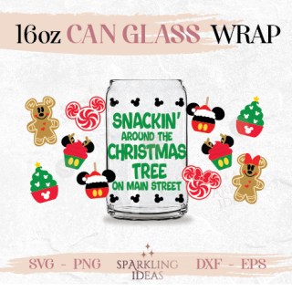 Snackin' around the Christmas Tree Can glass SVG 16oz Mouse Ears Christmas Snacks Mouse Gingerbread Cookie Candy Cane