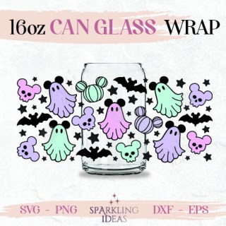Pastels Spooky Halloween Can glass wrap SVG 16oz Mouse Ears Ghost Halloween Mouse Bat Mouse Ears Ghost Skull