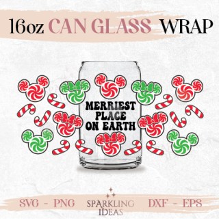 Merriest Place on Earth Can glass SVG 16oz Mouse Christmas Ears Candy Cane Mouse