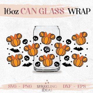 Mouse Gilrs Pumpkin Bats Can glass wrap SVG 16oz, Halloween Girls Mouse Ears Can Pumpkin Ears Beer Spooky Season 