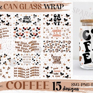 Coffee Mouse Ears Can Glass SVG Bundle, Love Coffee Bundle Cut Files, Retro Groovy Wrap Bundle, Mom Coffee Can Svg