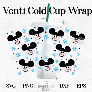 Snowman Mouse Ears Wrap For Cold Cups 24oz SVG, Christmas Snowman Cold Cup, Holiday Christmas Wrap, Mouse Head