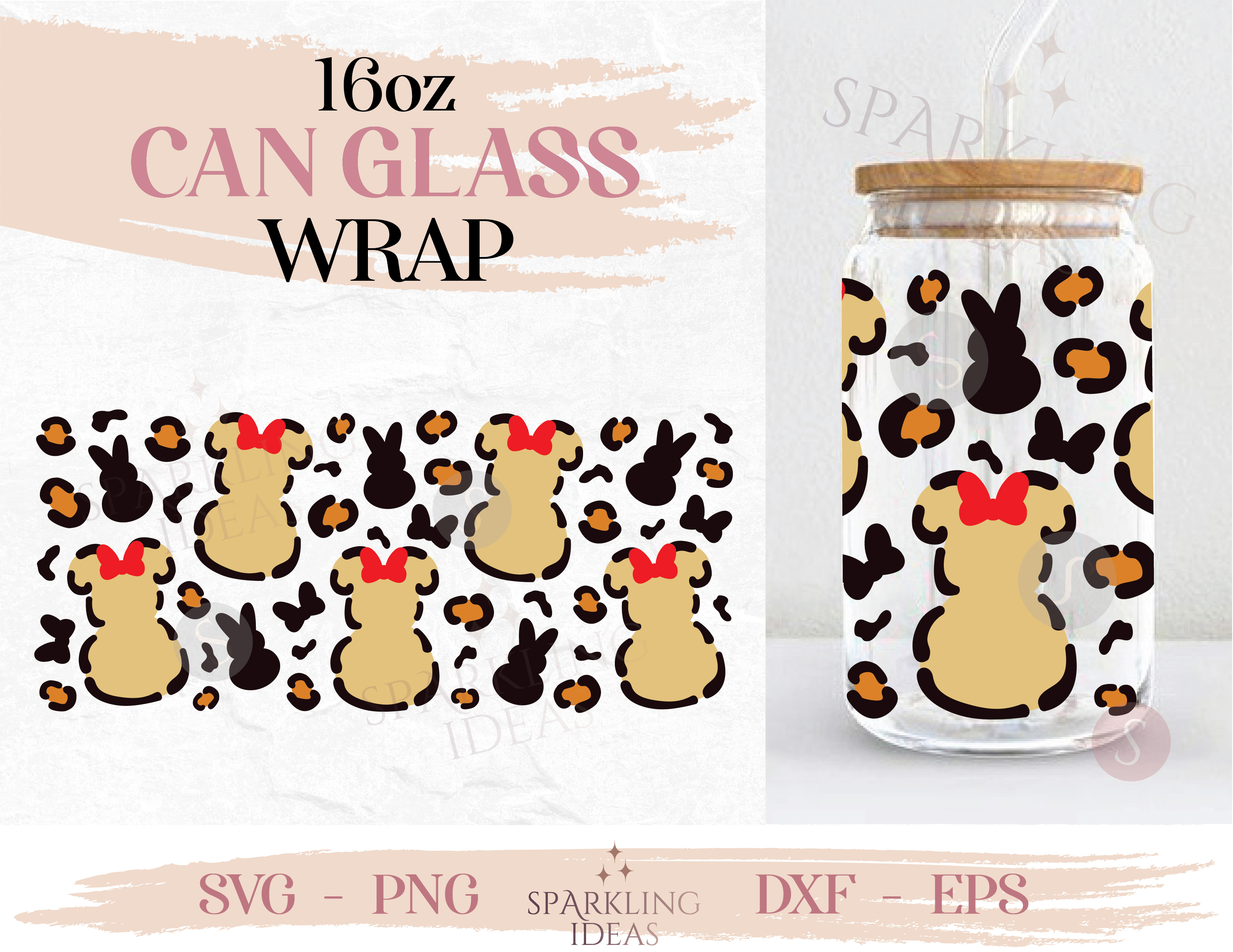 Leopard Minnie Ears Peep Can Glass SVG, Mouse Easter Bunny Cut File Svg, Happy Easter Holiday Animal Print Wrap Svg - Image 2