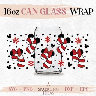 Candy Cane Ears Can glass SVG 16oz SVG, Mouse Christmas Can Glass Svg, Mouse Peppermint Wrap Svg