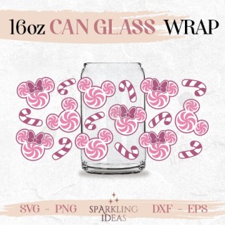 Christmas Candy Ears Pink Can glass wrap SVG 16oz, Pink Christmas Glass Svg, Mouse Christmas Candy Canes Wrap Svg, Pink Mouse Ears Wrap Svg