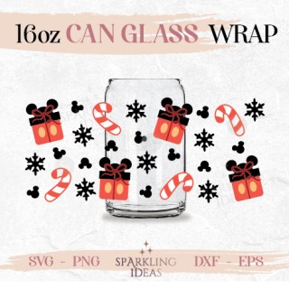 Mouse Presents Ears Can glass SVG 16oz SVG, Mouse Christmas Can Glass Svg, Mouse Peppermint Wrap Svg