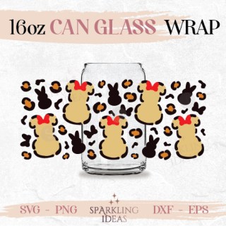 Leopard Minnie Ears Peep Can Glass SVG, Mouse Easter Bunny Cut File Svg, Happy Easter Holiday Animal Print Wrap Svg