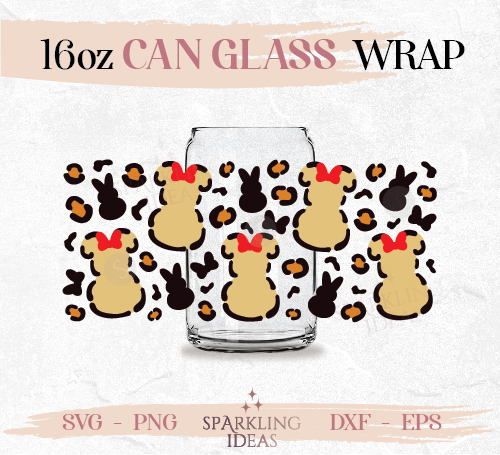 Leopard Minnie Ears Peep Can Glass SVG, Mouse Easter Bunny Cut File Svg, Happy Easter Holiday Animal Print Wrap Svg