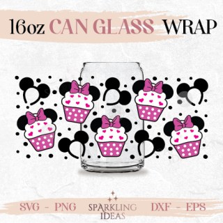 Mouse Pink Cupcakes LIBBEY Can glass SVG 16oz, Mouse Headband Libbey Glass Svg, Mouse Ears Wrap Svg
