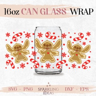 Stitch Gingerbread Can glass wrap SVG 16oz, Christmas Cookies Can glass wrap, Lilo Stitch Wrap Svg, Gingerbread Cookie Svg