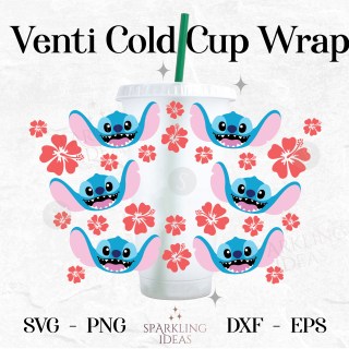 Stitch face Cold Cup 24oz SVG, Ohana Cold Cup Wrap Svg, Hawaii Flowers Venti Wrap svg
