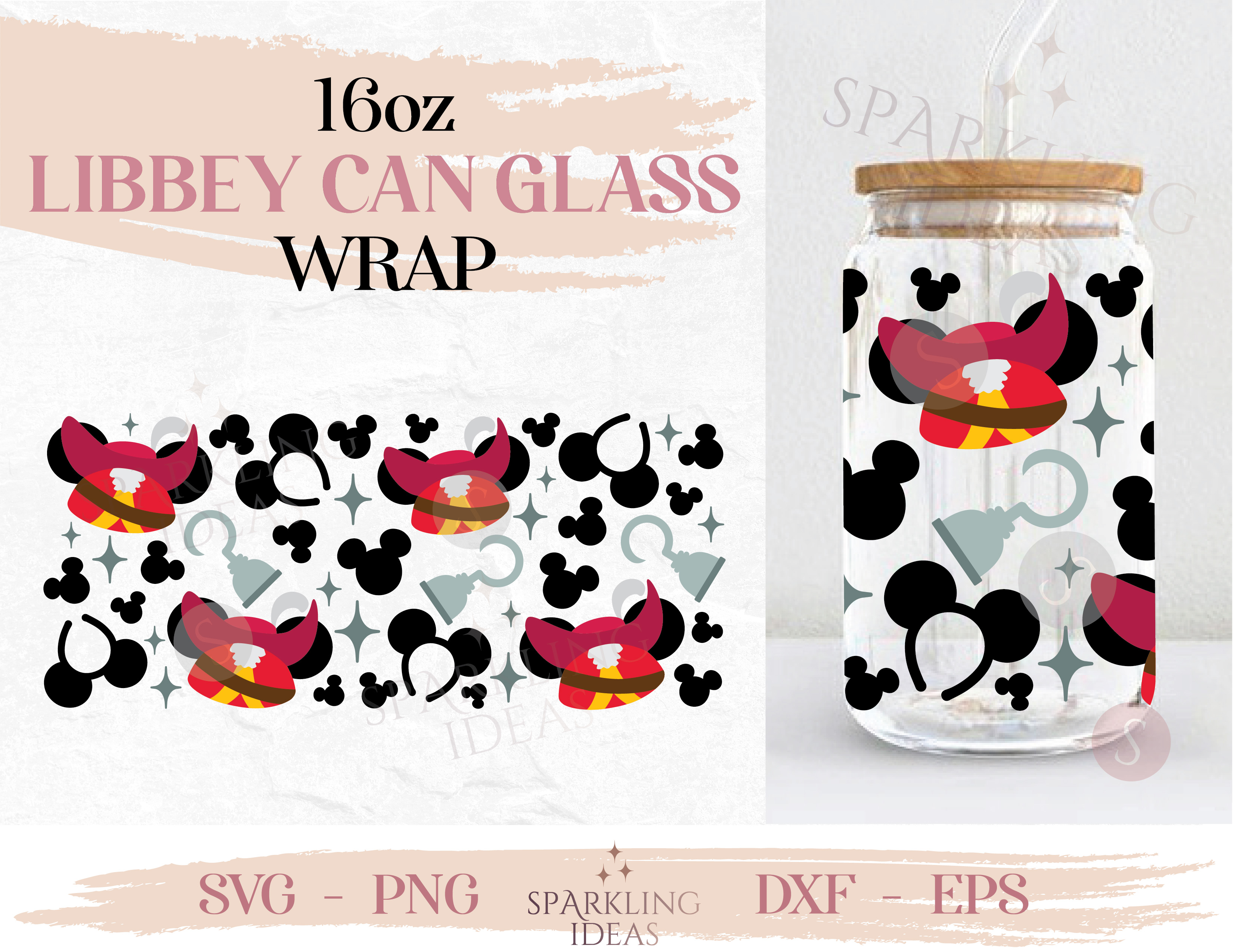 Captain Hook Ears Can glass wrap SVG 16oz, Villains Hat Ears Wrap Svg,Magical Ears Libbey Glass Svg, Villains Inspired Wrap Svg - Image 2