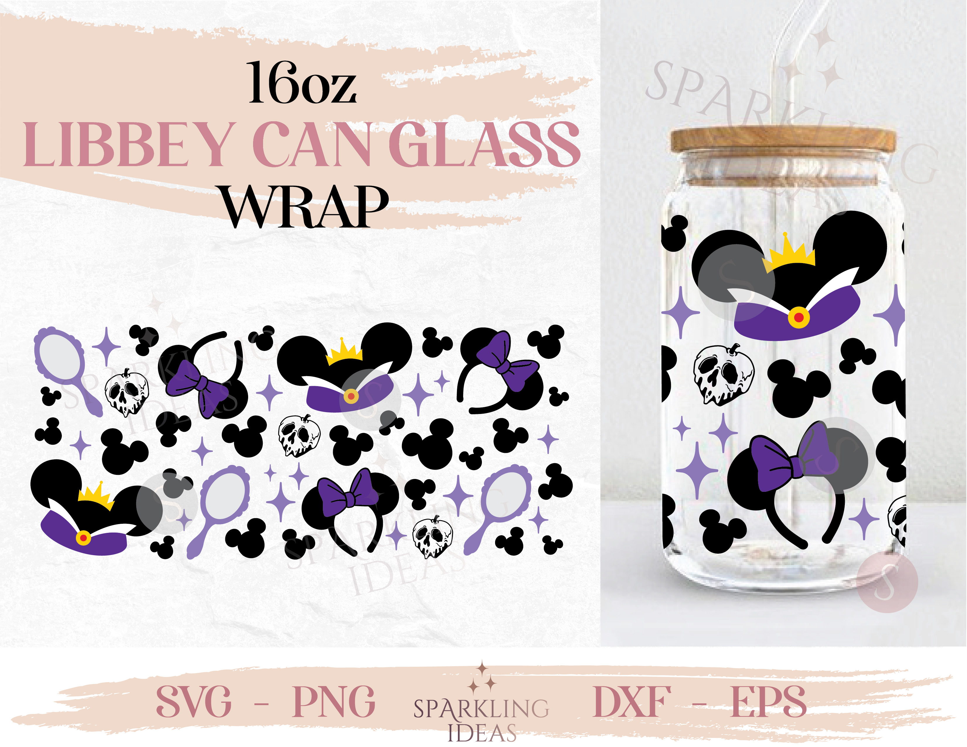 Evil Queen Ears Can Glass SVG, Villains Hat Ears Wrap Svg, Magic Ears Inspired Svg Wrap for Glass Can, Villains Inspired Wrap Svg - Image 2