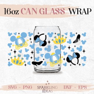 Cinderella Carriage Can glass wrap SVG 16oz, Cinderella Glass Svg, Princess Crown Wrap Svg, Magical Ears  Svg, Princess Wrap Svg