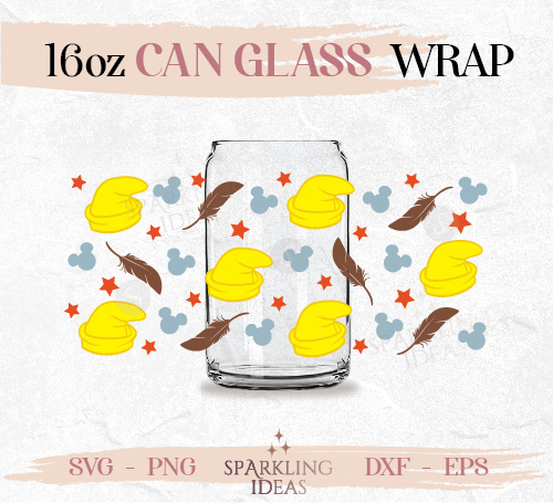 Dumbo Inspired Can glass wrap SVG 16oz, Dumbo Hat Circus Glass Svg, Cute elephant Wrap Svg