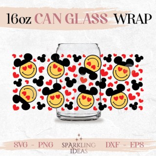 Happy Face Ears Retro Can glass wrap SVG 16oz, Retro Mouse Ears Glass Svg, Valentines Mouse Wrap svg, Mouse Valentine's day svg
