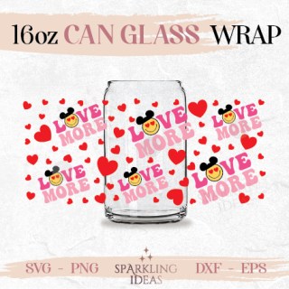 Love More Can glass wrap SVG 16oz, Retro Mouse Ears Can Glass Svg, Valentines Mouse Wrap svg, Mouse Valentine's day svg