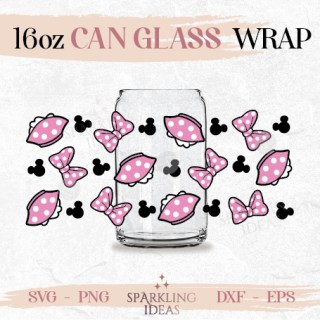 Mouse Dress Bow Can glass wrap SVG 16oz, Magic Kingdom Glass Svg, Minnie Dress Wrap Svg, Mouse Head Svg