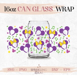 Mouse Headband Ears Can glass wrap SVG 16oz, Mardi Gras Glass Svg, Mouse Headband Inspired Wrap Svg, Mouse Ears Svg