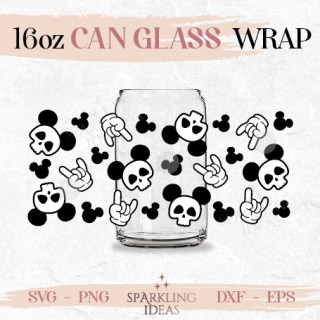 Mouse Skull Ears Gloves Can glass wrap SVG 16oz, Magic Kingdom  Glass Svg, Mickey Hands Rock Sign Wrap Svg, Mouse Svg