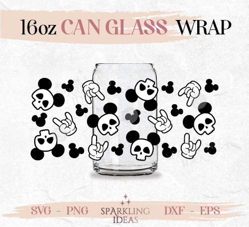 Mouse Skull Ears Gloves Can glass wrap SVG 16oz, Magic Kingdom Glass Svg, Mickey Hands Rock Sign Wrap Svg, Mouse Svg