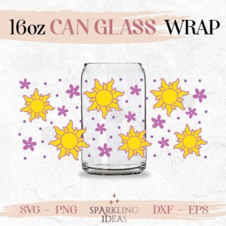 Tangled Sun Can glass wrap SVG 16oz, Tangled Inspired Libbey Glass Can Svg, Tangled Flowers Svg