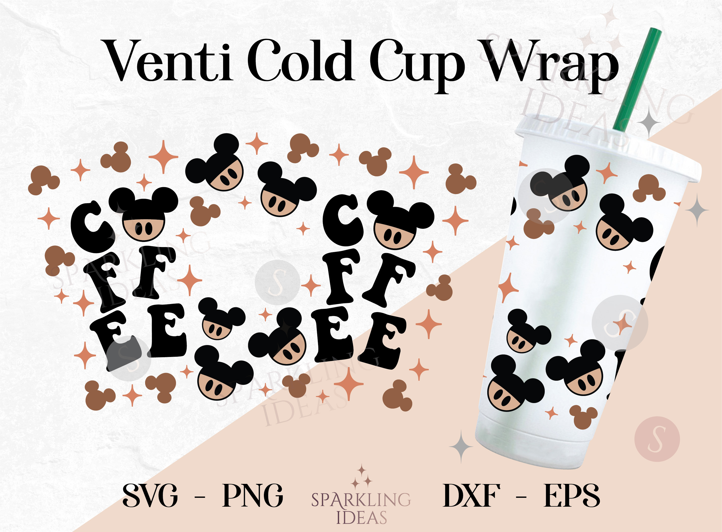 Coffee Mouse Ears Svg Wrap for Cold Cup, Love Coffee Cold Cup Svg, Retro Groovy Wrap SVG, Mom Coffee Svg Wrap - Image 2