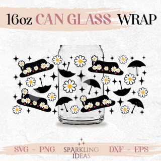 Mary Poppins Hat Can glass wrap SVG 16oz, Practically Perfect Libbey Glass Svg, Umbrella Poppins Wrap svg