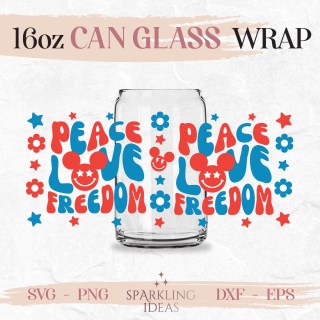 Peace Love Freedom Libbey Glass SVG, Mouse July 4th Libbey Glass Svg, Independence Day Wrap Svg, Patriot July 4th Svg