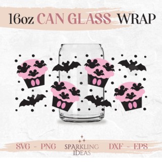 Cute Mouse Cupcake Can Glass SVG 16oz, Pink Mouse Halloween Wrap Svg, Bats Ears Cup Wrap, Pink Spooky Halloween Svg