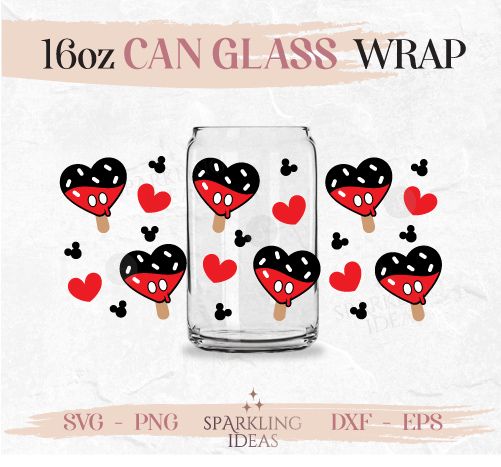 Mickey Heart Popsicles Can glass SVG 16oz, Mickey Ice Cream Love Glass Svg, Summer Snack Mouse Inspired Wrap Svg