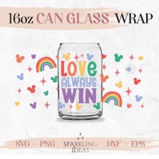 Love always Win Can Glass SVG 16oz, Rainbow Mouse Ears Cup Wrap, LGBT Mouse Ears Svg, LGBT Pride Month Svg
