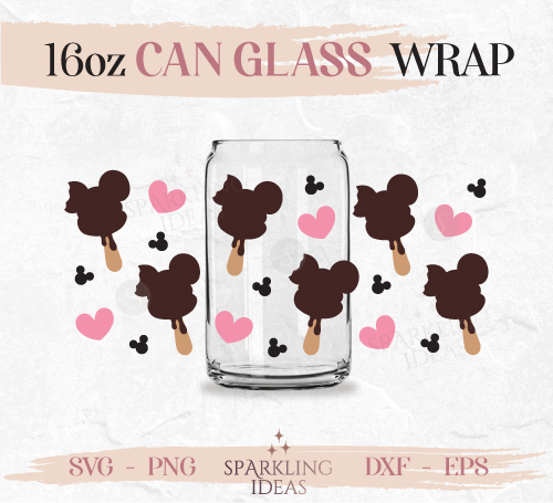 Mickey Ears Popsicles Can glass SVG 16oz, Ice Cream Love Glass Svg, Summer Snack Mouse Inspired Wrap Svg