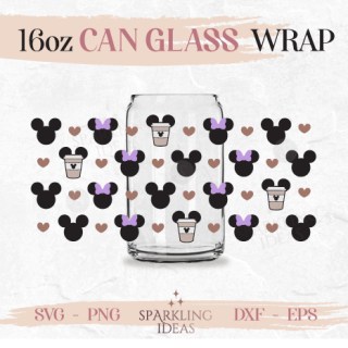 Minnie Mickey Coffee Love Can Glass SVG 16oz, Magic Kingdom Glass Wrap Svg, Mouse Head Wrap Svg, Mouse Ears Coffee Cup Svg