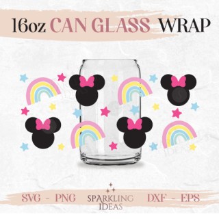Minnie Ears Rainbow Can glass SVG 16oz, Girls Mouse Rainbow Glass Svg, Retro Mouse Inspired Wrap Svg