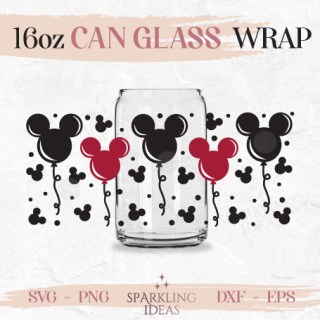 Mouse Ears Balloons Can Glass wrap SVG 16oz, Mickey Valentines Glass Svg, Love Wrap svg, Mouse Valentine's day svg